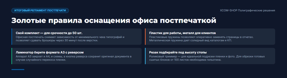 Постпечатка в офисе: брошюровщик, ламинатор и резак — что закрывает офис, а что остаётся типографии Постпечатка в офисе: брошюровщик, ламинатор и резак — что закрывает офис, а что остаётся типографии