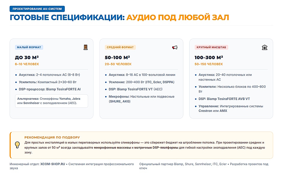 Профессиональная акустика для конференц-зала: усилители, акустические системы и DSP-процессор