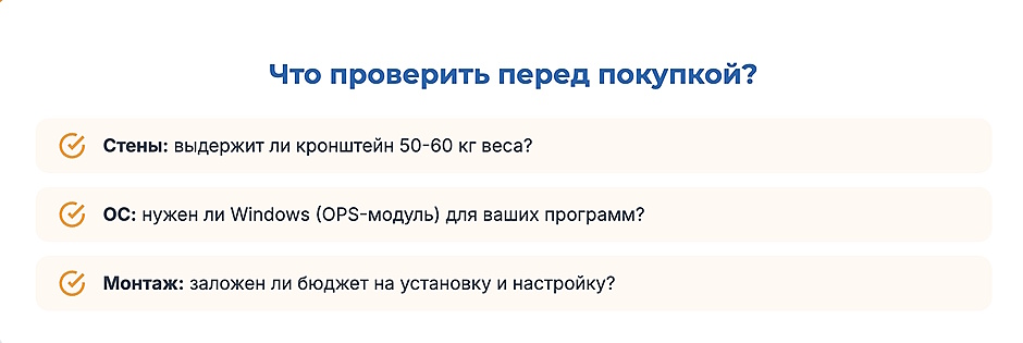Как выбрать интерактивную панель для офиса: полное руководство 2026 Инфографика: чек-лист перед покупкой интерактивной панели — несущая способность стены, ОС и OPS-модуль, бюджет на монтаж