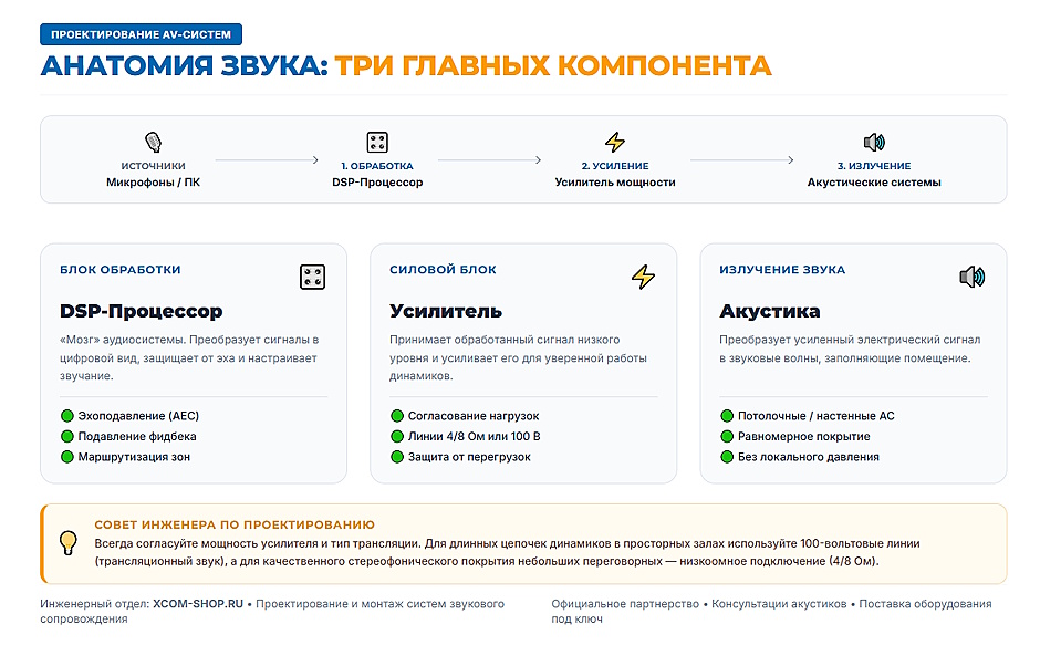 Профессиональная акустика для конференц-зала: усилители, акустические системы и DSP-процессор
