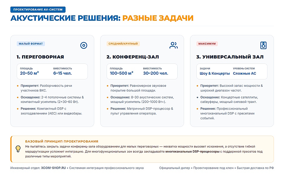 Профессиональная акустика для конференц-зала: усилители, акустические системы и DSP-процессор