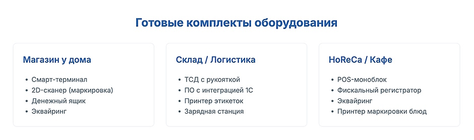 Готовые комплекты оборудования для разных сценариев: магазин у дома, склад и логистика, HoReCa и кафе, с перечислением базовых устройств для каждого.
