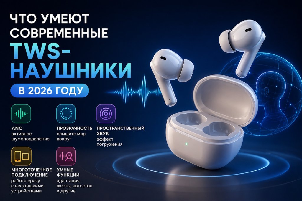 Что умеют современные TWS-наушники в 2026 году: ANC, прозрачность, пространственный звук и умные функции